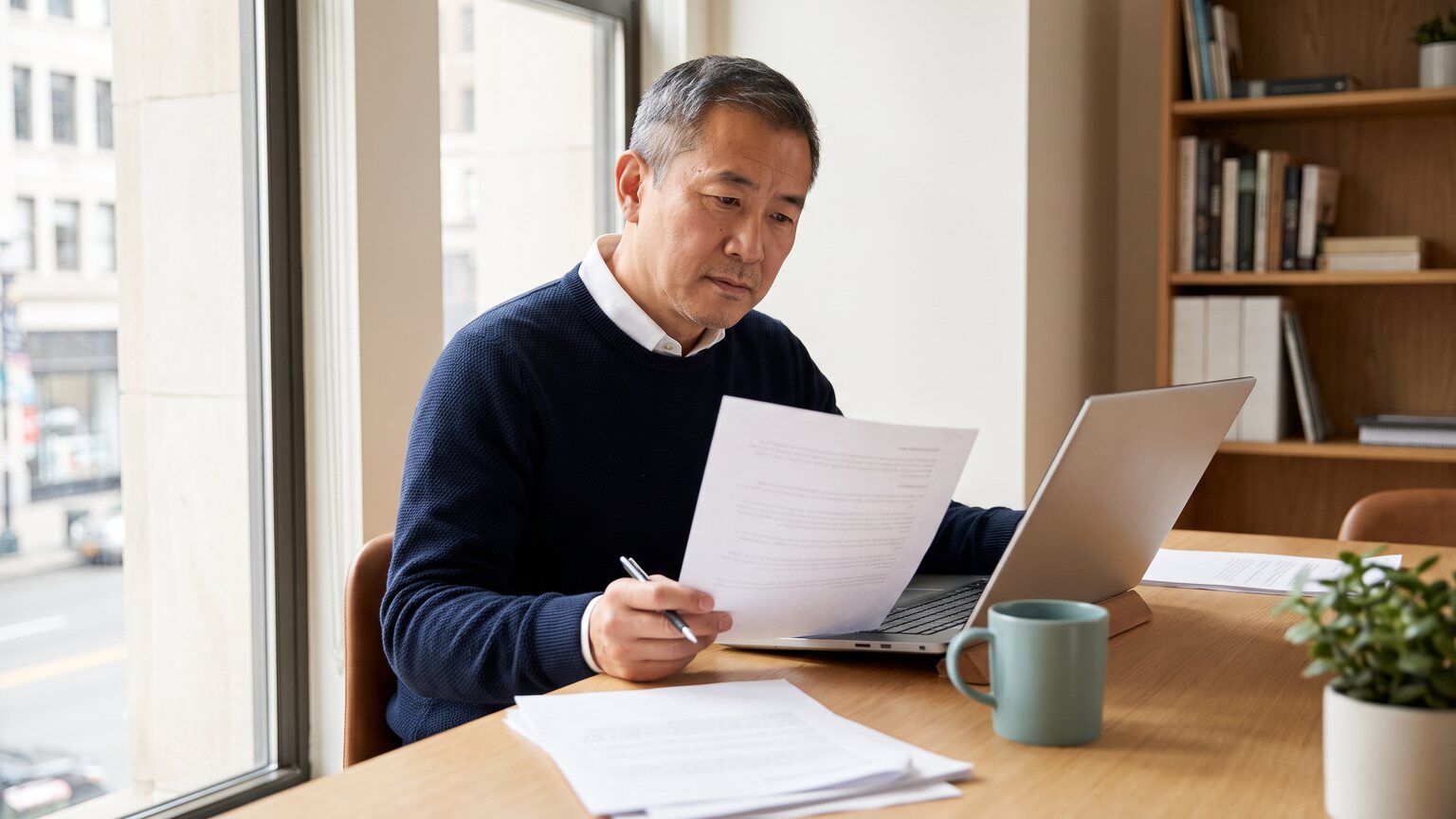 A fund operations manager at a desk by a window, checking a printed notice against his laptop