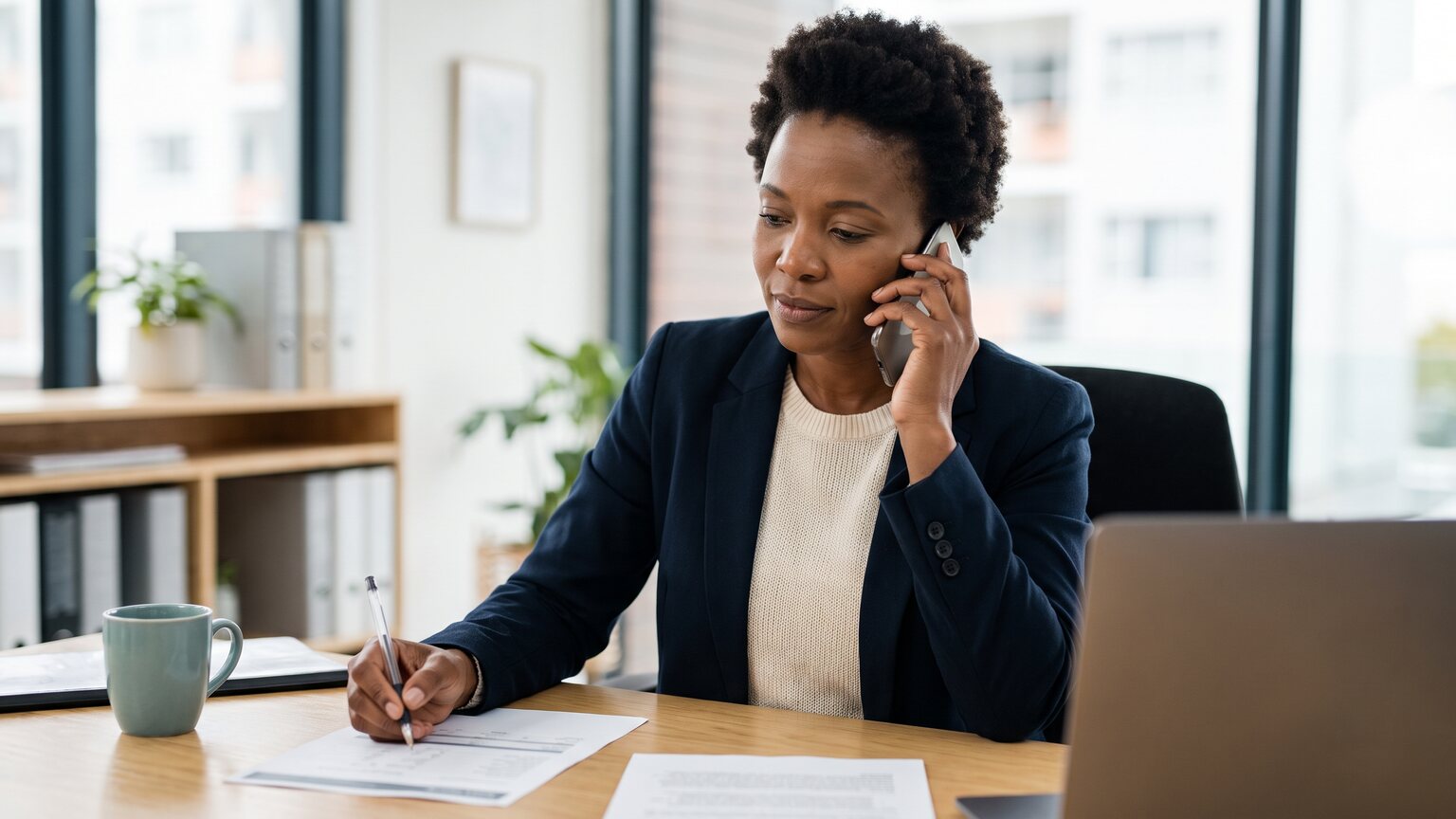 A treasury operations professional on a phone call at her desk, running a pen along a printed notice