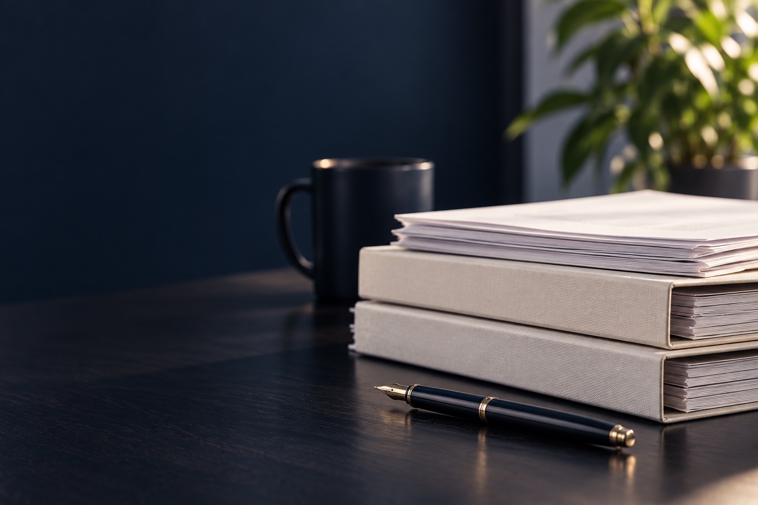 Unbranded fund documents stacked on a navy desk, an illustrative still life.