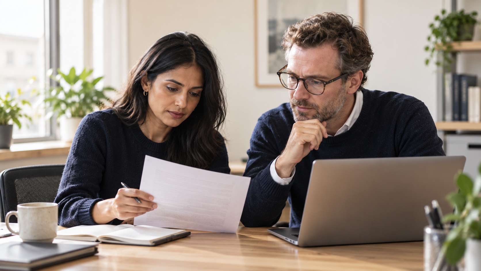 An illustrative team checks a document together beside a laptop.
